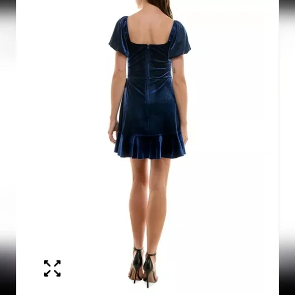 Trixxi Juniors' Puff-Sleeve Faux-Wrap Velvet Dress Sz L Women Blue Holiday - Picture 2 of 15